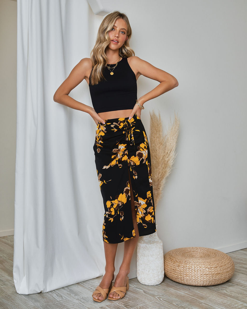 Miramar Floral Ruched Midi Skirt