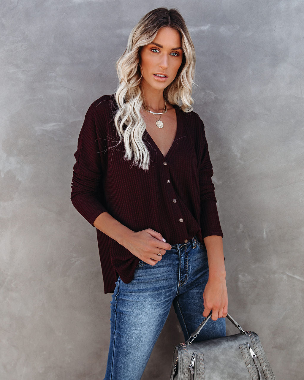 Miriam Button Down Knit Top - Merlot