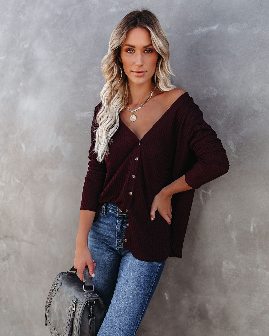 Miriam Button Down Knit Top - Merlot