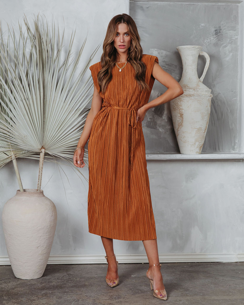 Modern Day Disco Plisse Padded Shoulder Midi Dress - Cognac