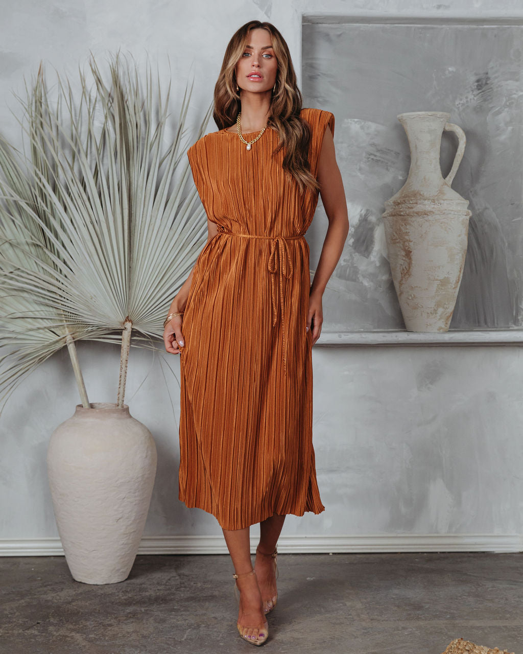 Modern Day Disco Plisse Padded Shoulder Midi Dress - Cognac