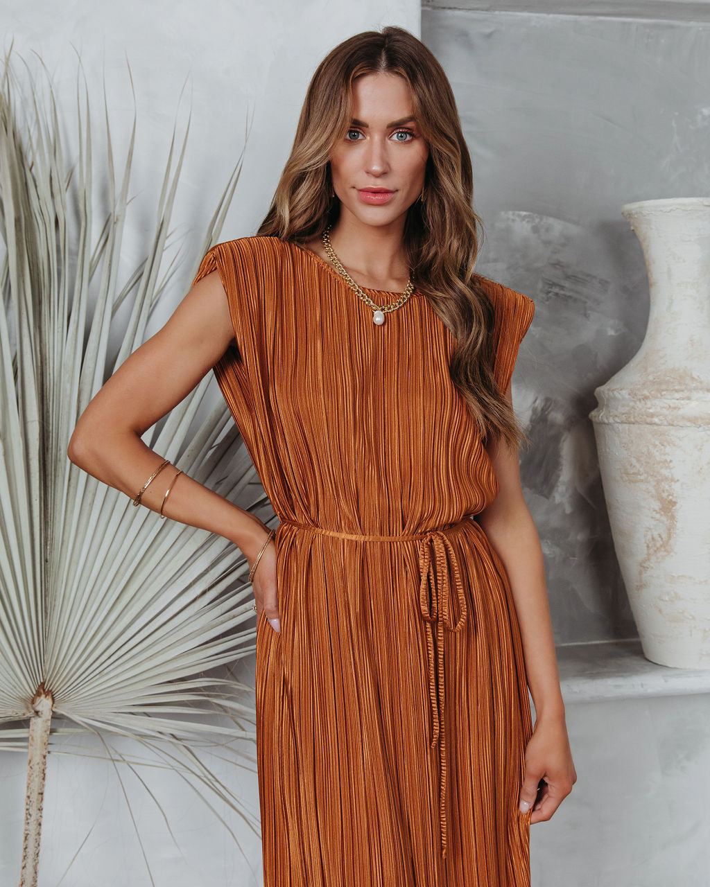 Modern Day Disco Plisse Padded Shoulder Midi Dress - Cognac