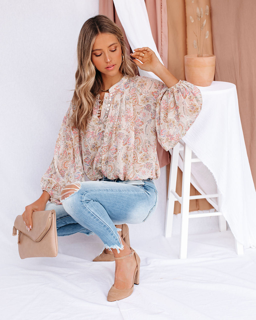 Mojo Paisley Button Down Crop Blouse