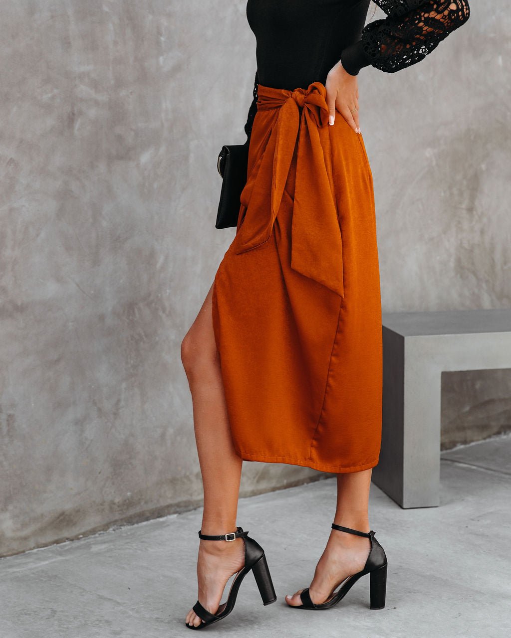 Mollie Satin Wrap Midi Skirt - Ginger