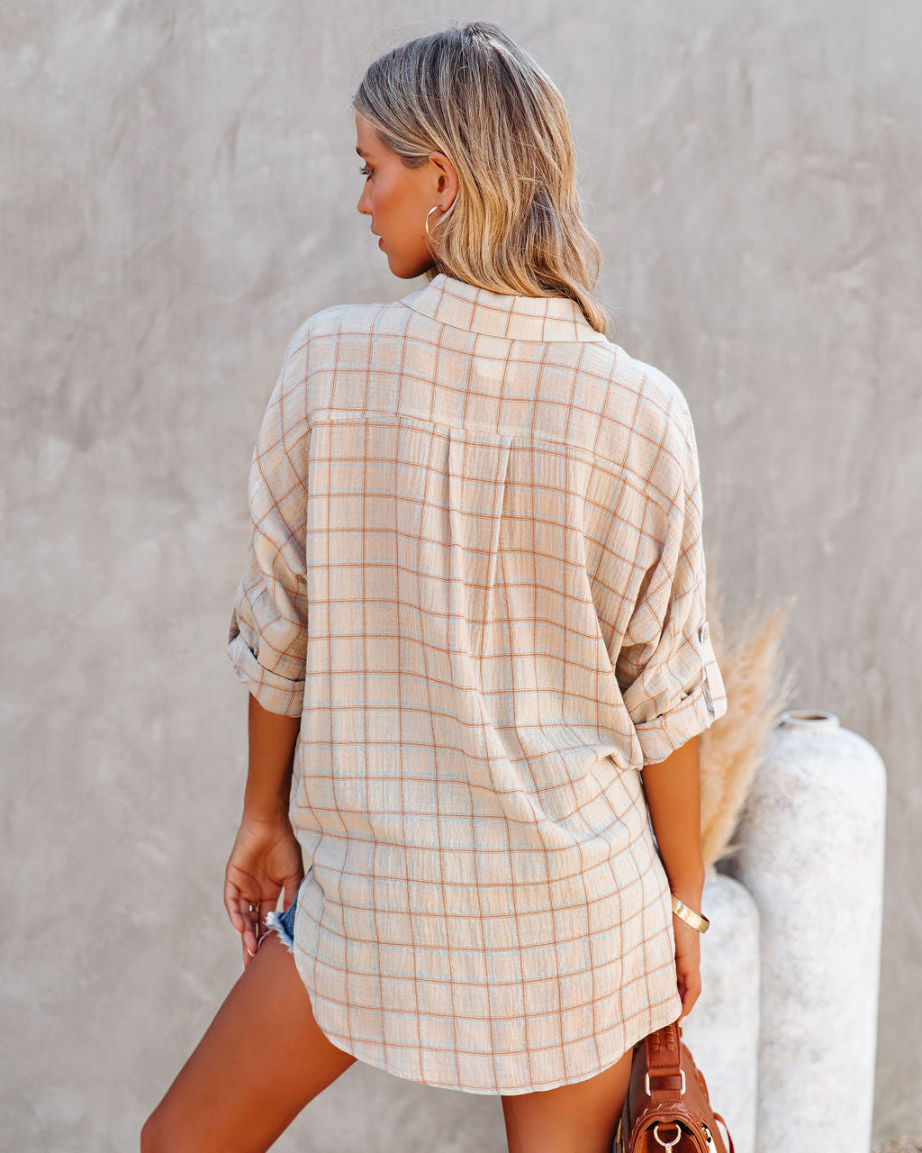 Monday Cotton Plaid High Low Shirt - Sand