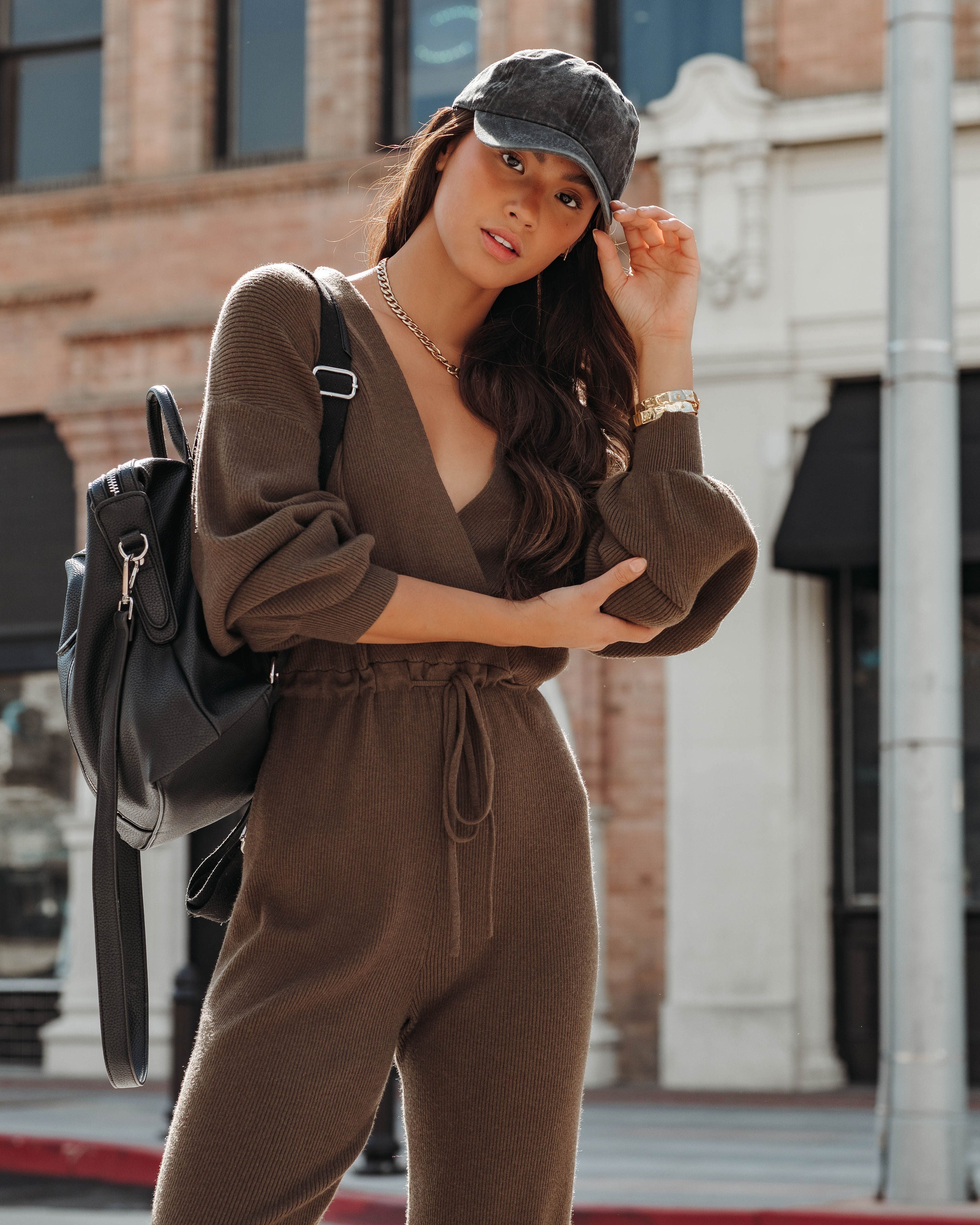 Monica Ribbed V-Neck Jumpsuit - Olive