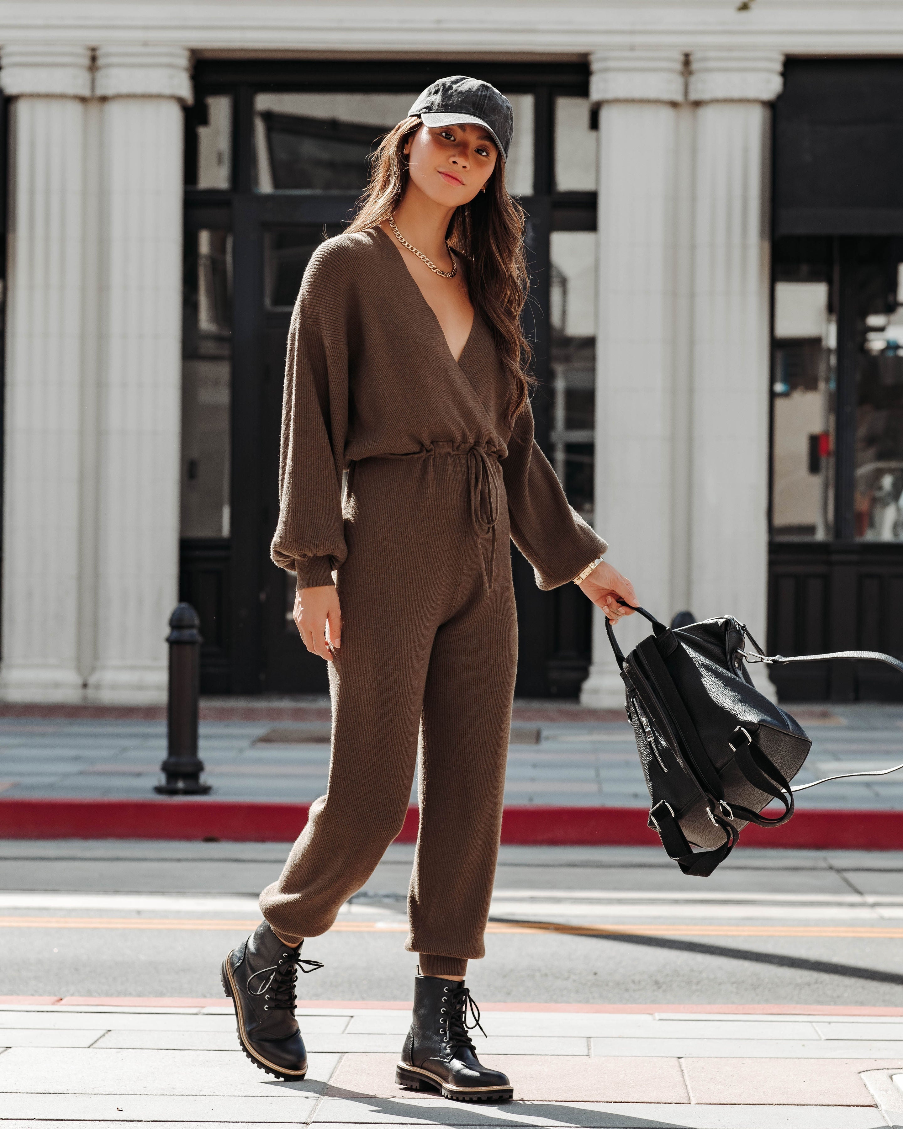 Monica Ribbed V-Neck Jumpsuit - Olive