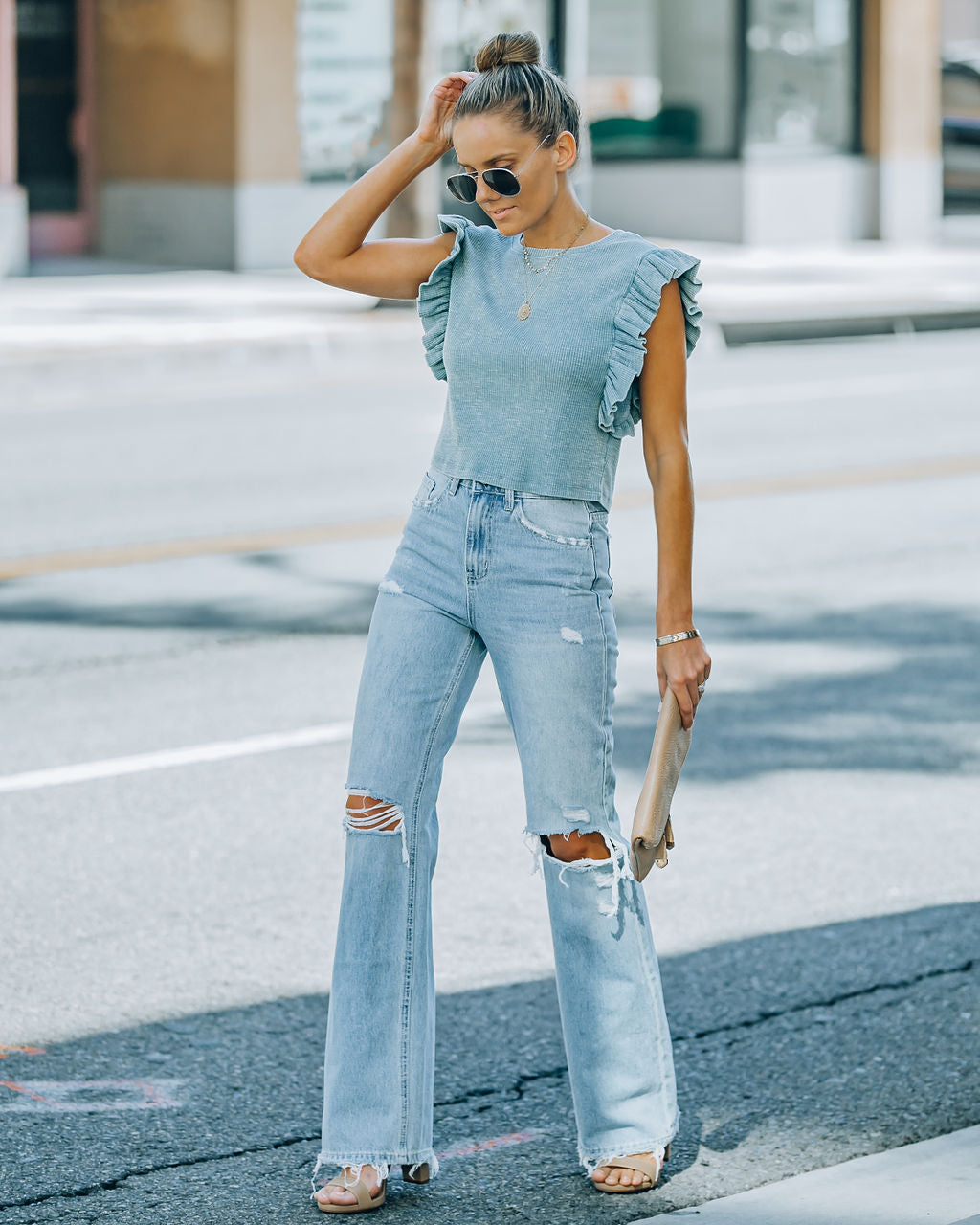 Monse Cotton Ruffle Crop Top - Stone Blue