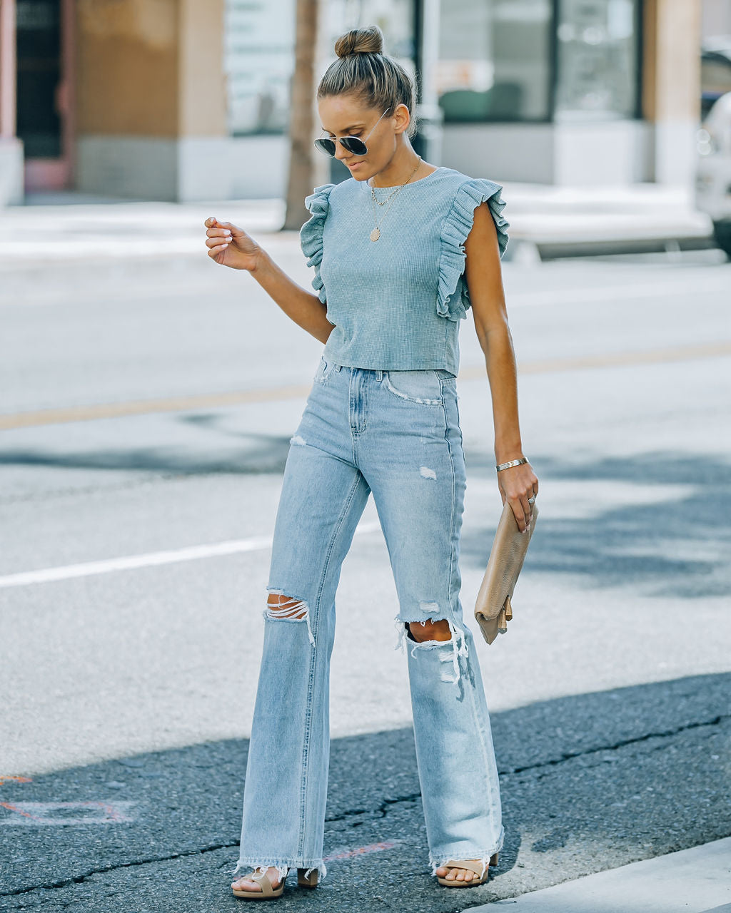 Monse Cotton Ruffle Crop Top - Stone Blue