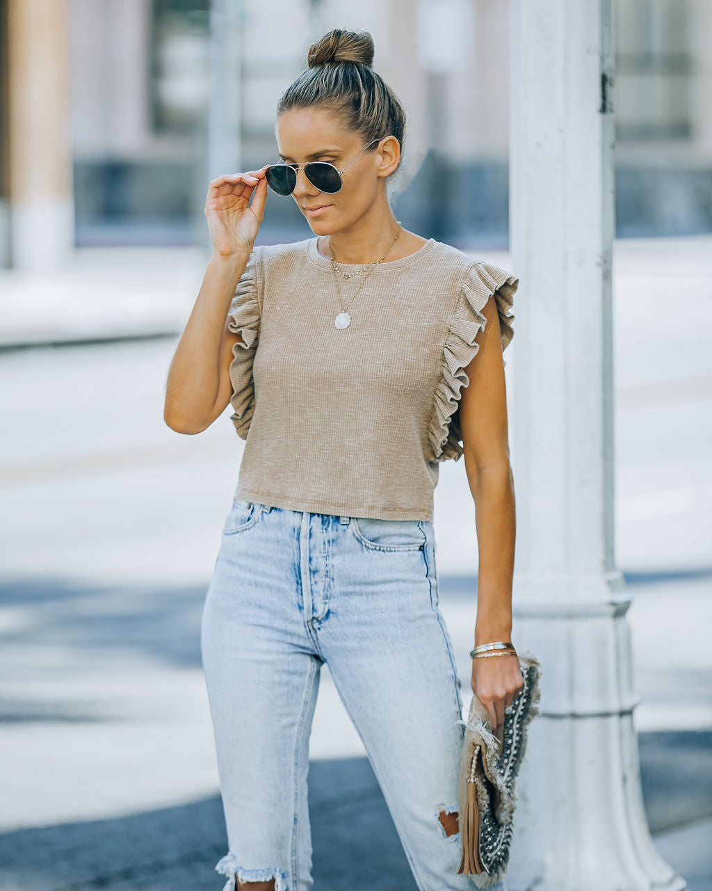 Monse Cotton Ruffle Crop Top - Taupe