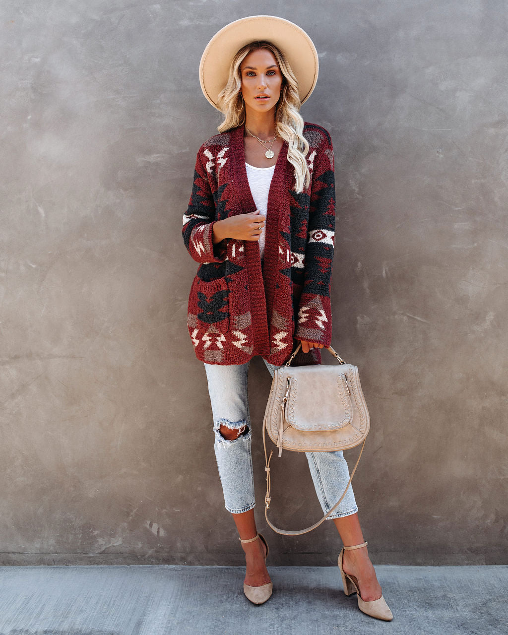 Moraga Pocketed Aztec Cardigan - Brick