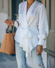 Motivation Satin Drape Wrap Blouse - White