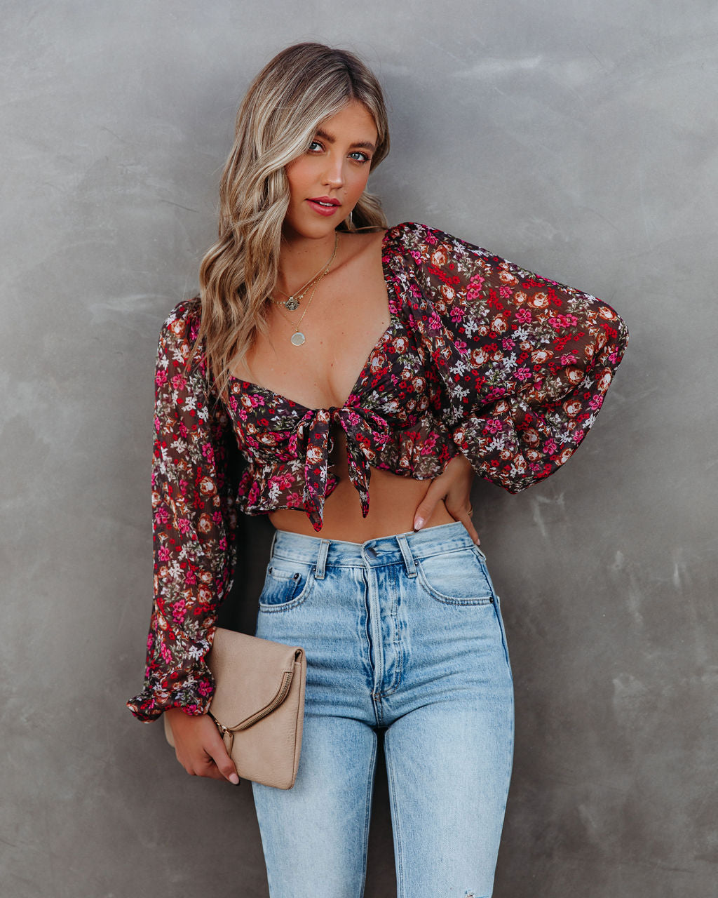 My Oh My Floral Tie Front Crop Blouse