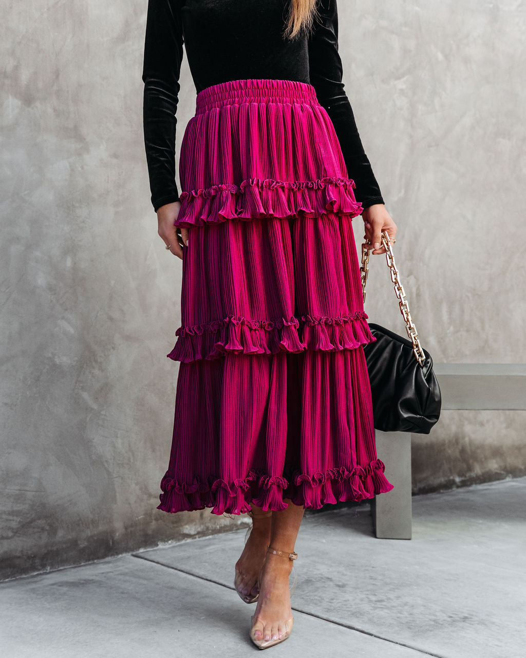 Nasreen Plisse Chiffon Tiered Maxi Skirt - Wine