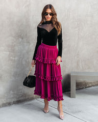 Nasreen Plisse Chiffon Tiered Maxi Skirt - Wine