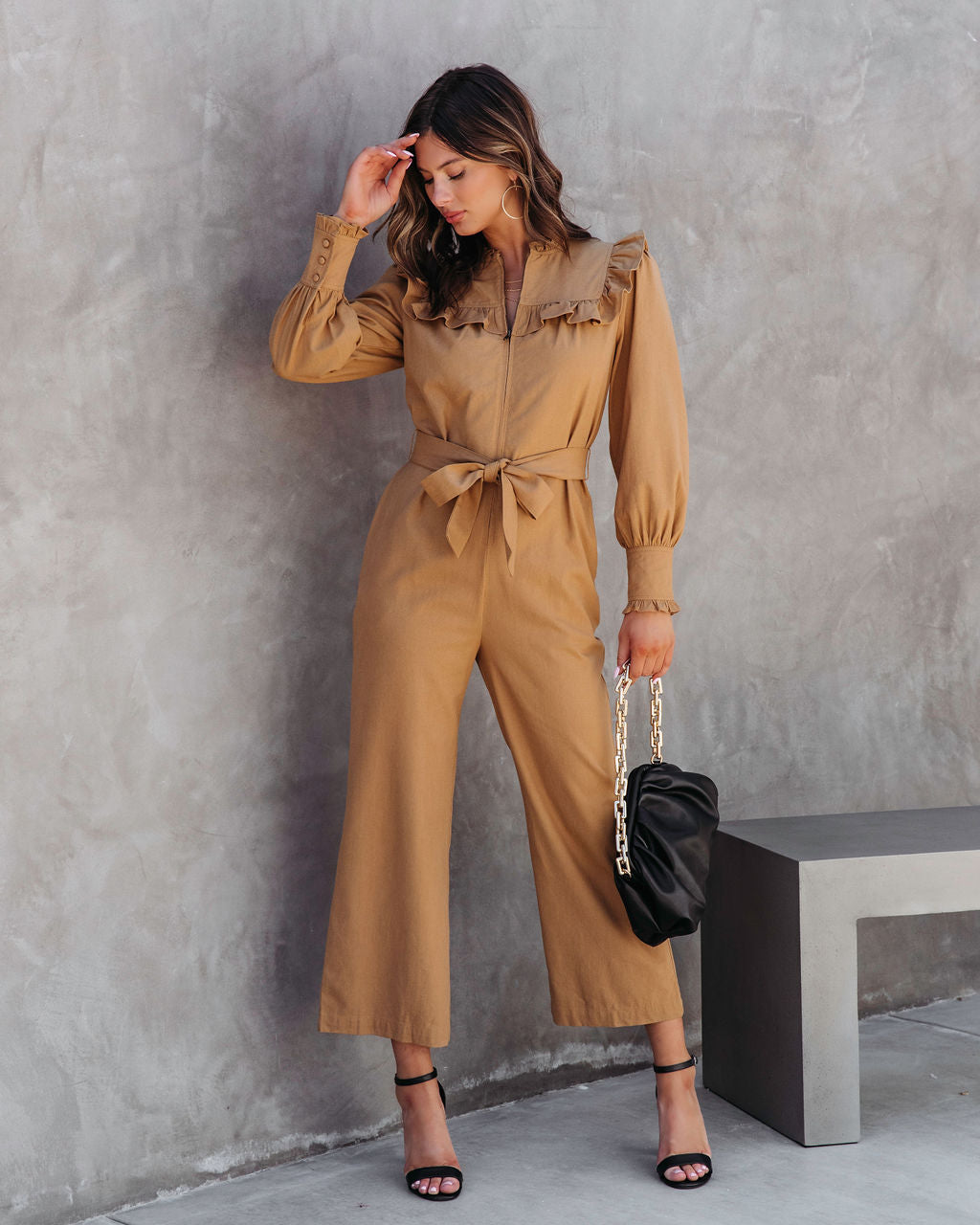 Nellie Pocketed Ruffle Jumpsuit - Camel