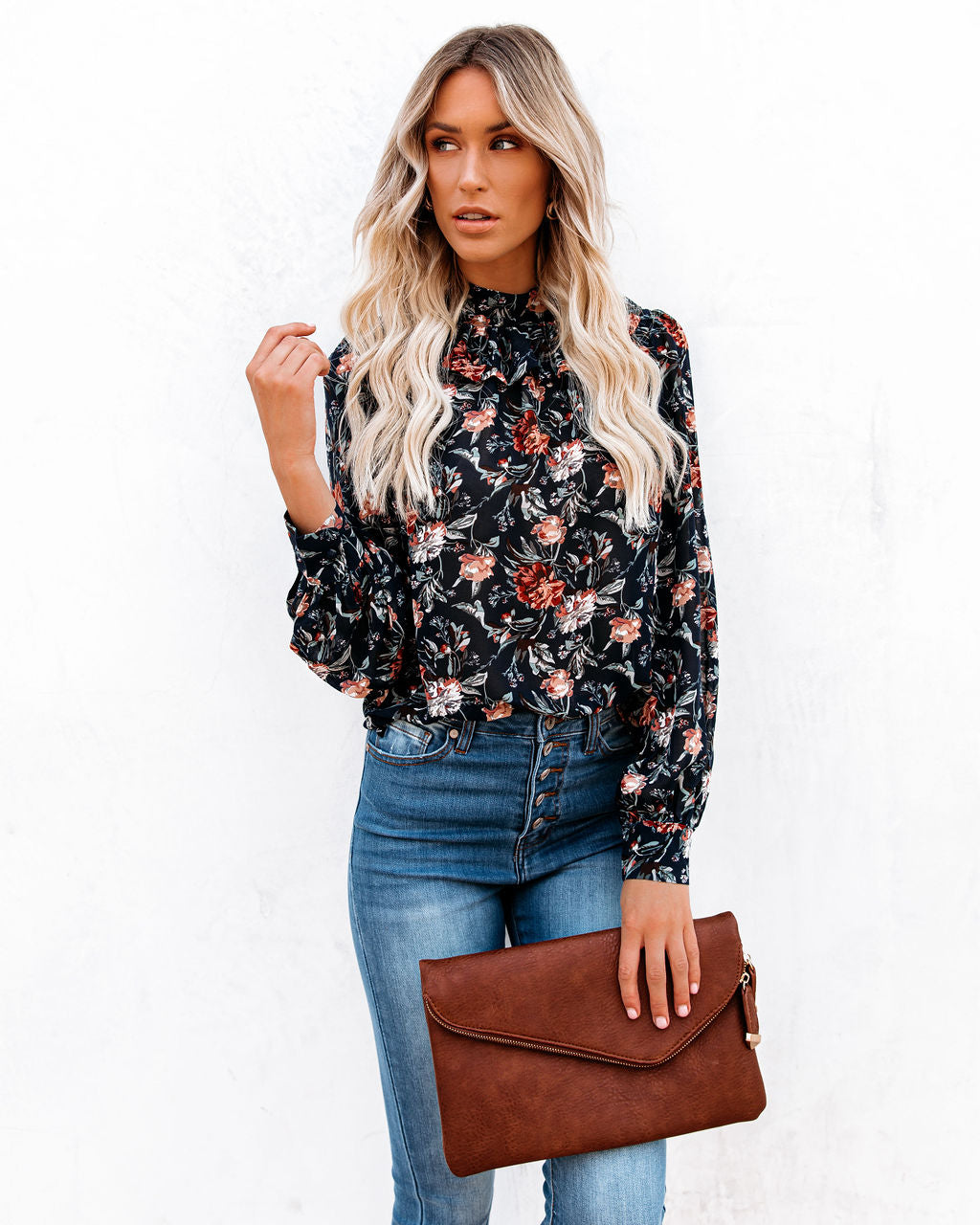 Never Say Never Floral Mock Neck Ruffle Blouse