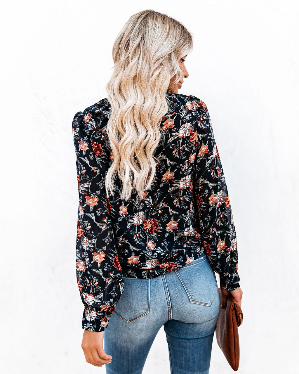 Never Say Never Floral Mock Neck Ruffle Blouse