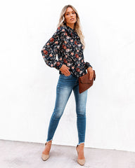 Never Say Never Floral Mock Neck Ruffle Blouse