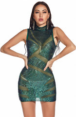 New Formal Sequin Stand Collar Mini Dress