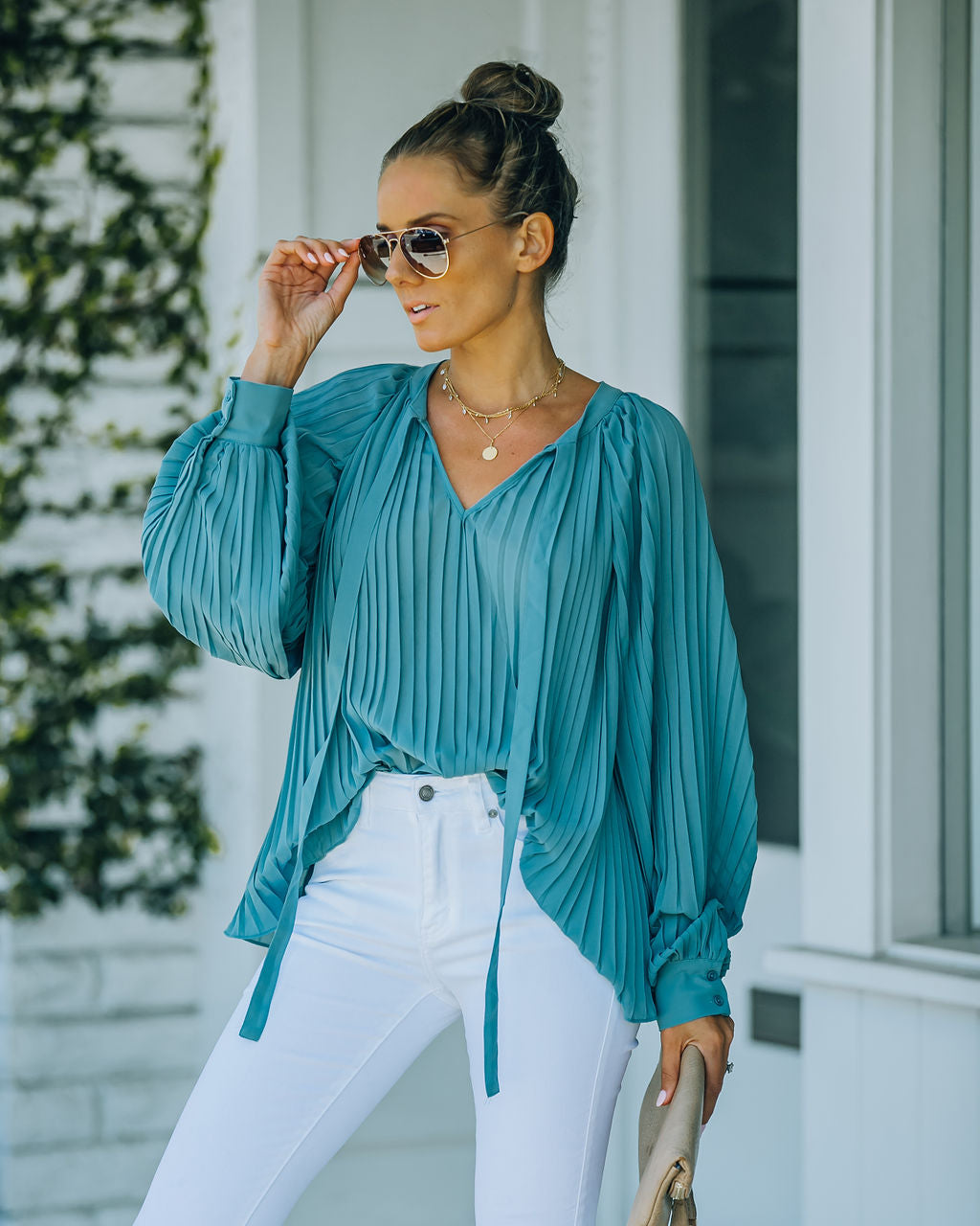 Nightfall Pleated Balloon Sleeve Blouse - Blue