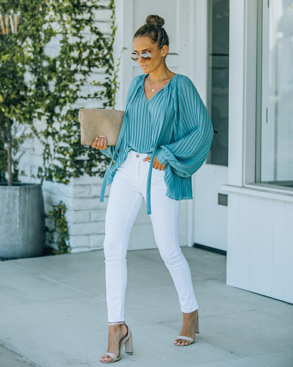 Nightfall Pleated Balloon Sleeve Blouse - Blue