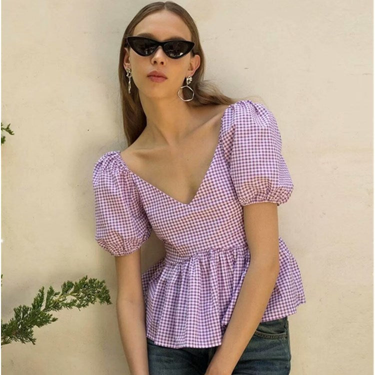 Jenissa Cotton Gingham Puff Sleeve Peplum Top - Bubblegum Pink