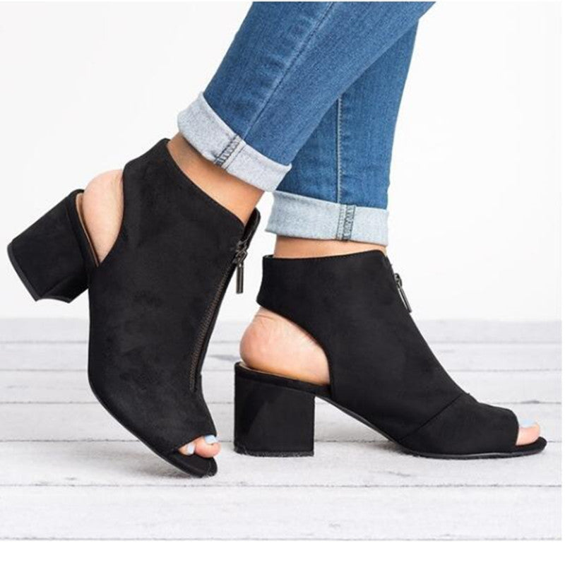 Solid Peep Toe Chunky Heeled Boots