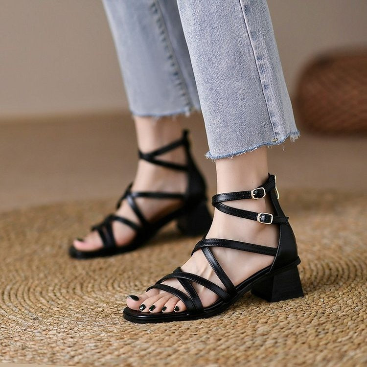 Ankle Adjustable Gold-Tone Buckle Chunky Heels