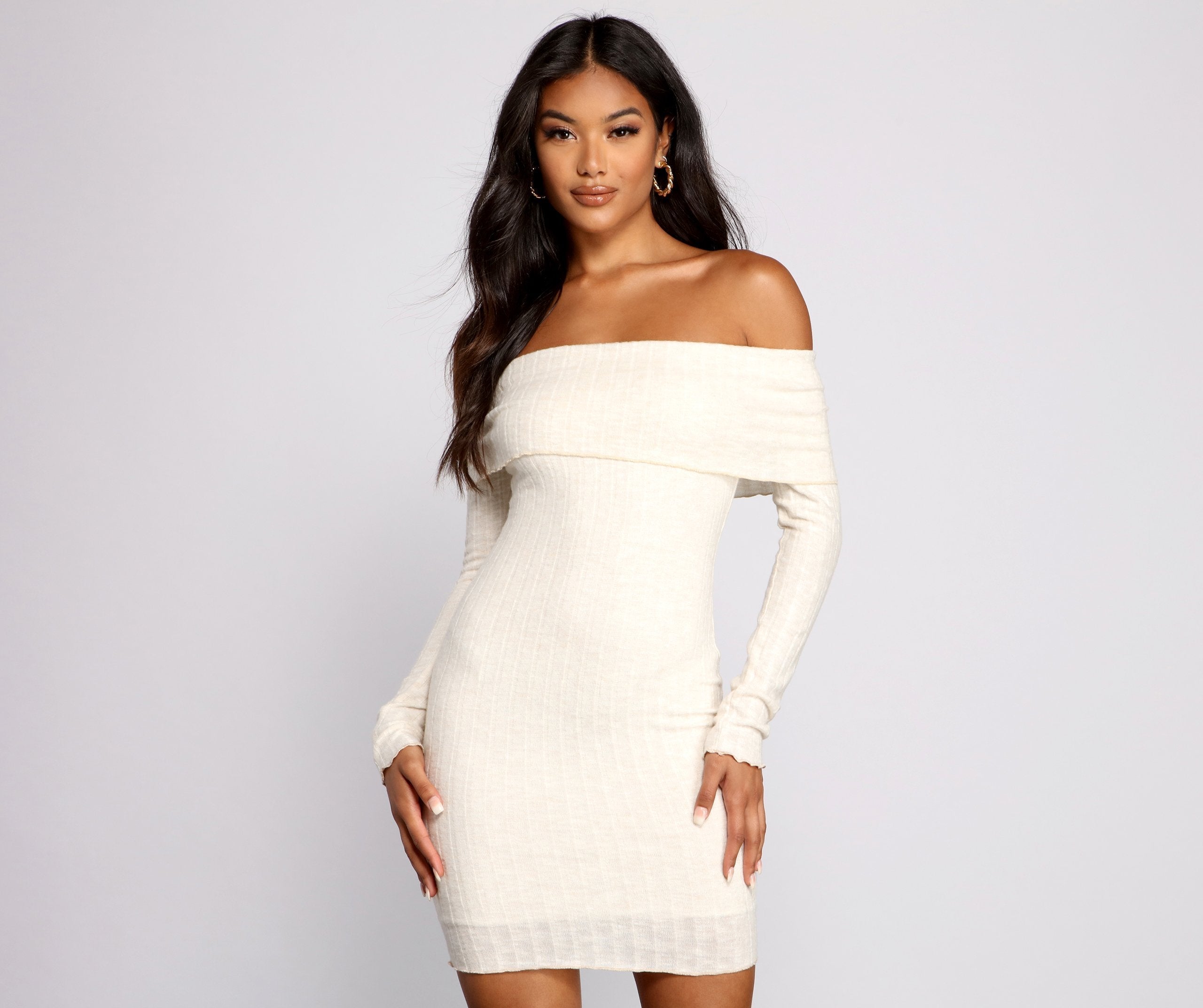 Off The Shoulder Brushed Knit Mini Dress