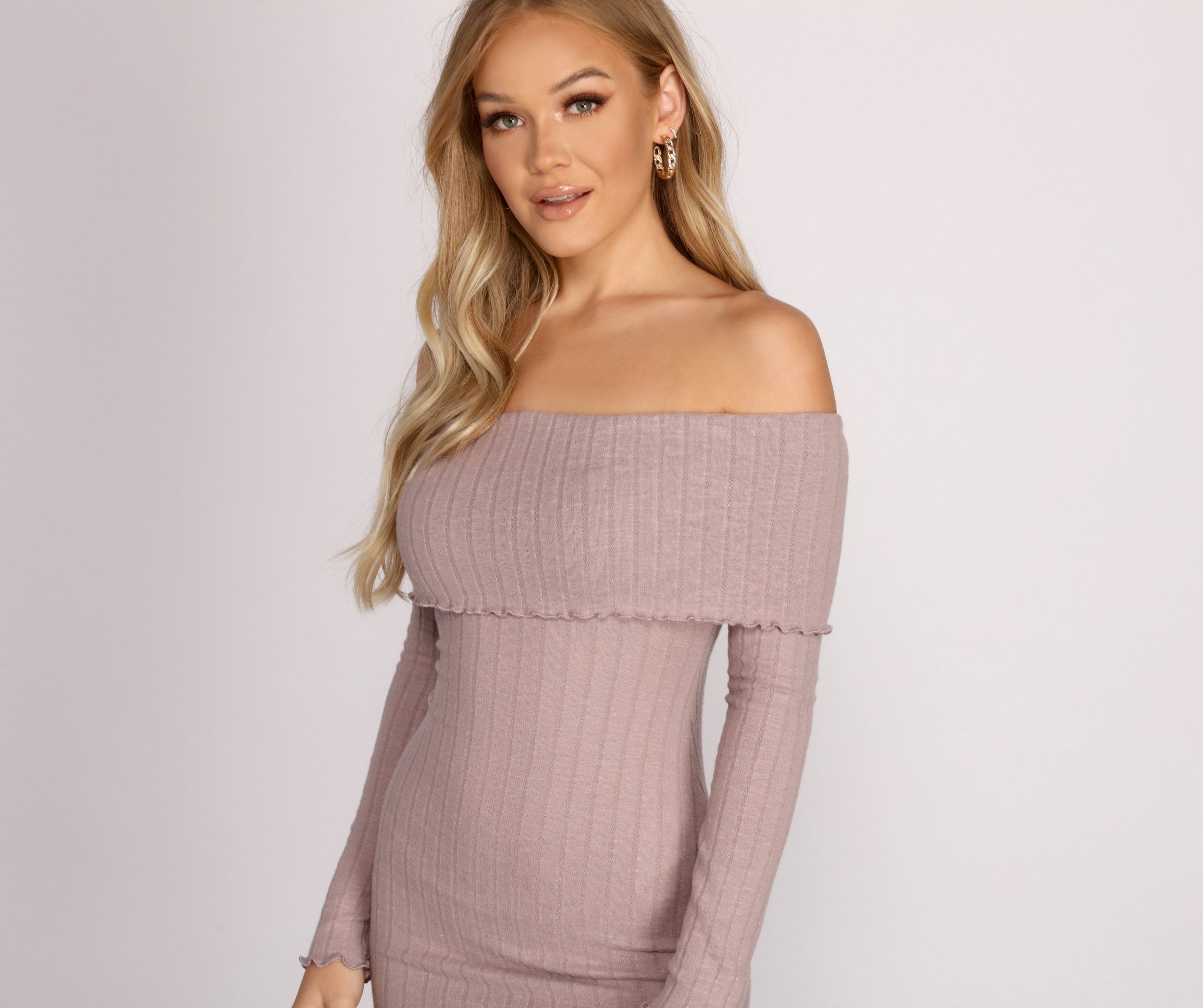 Off The Shoulder Brushed Knit Mini Dress