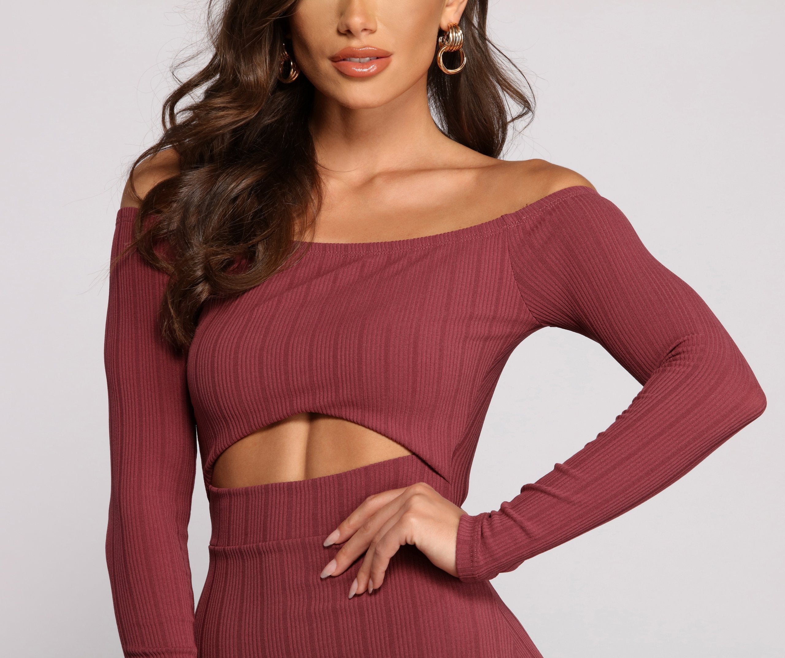 Off The Shoulder Ribbed Cutout Mini Dress