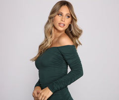 Off the Shoulder Long Sleeve Midi Dress