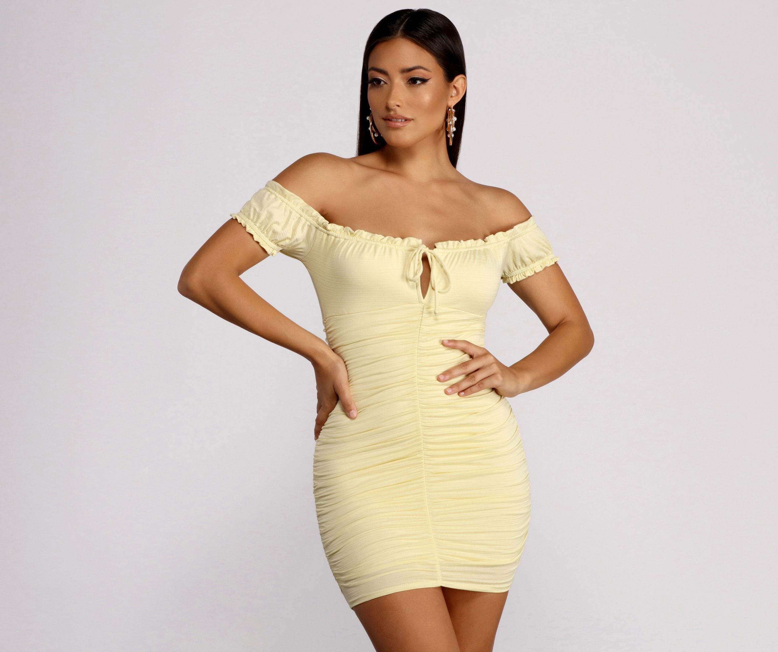 Oh So Dainty Ruffle Trim Off Shoulder Ruched Mini Dress