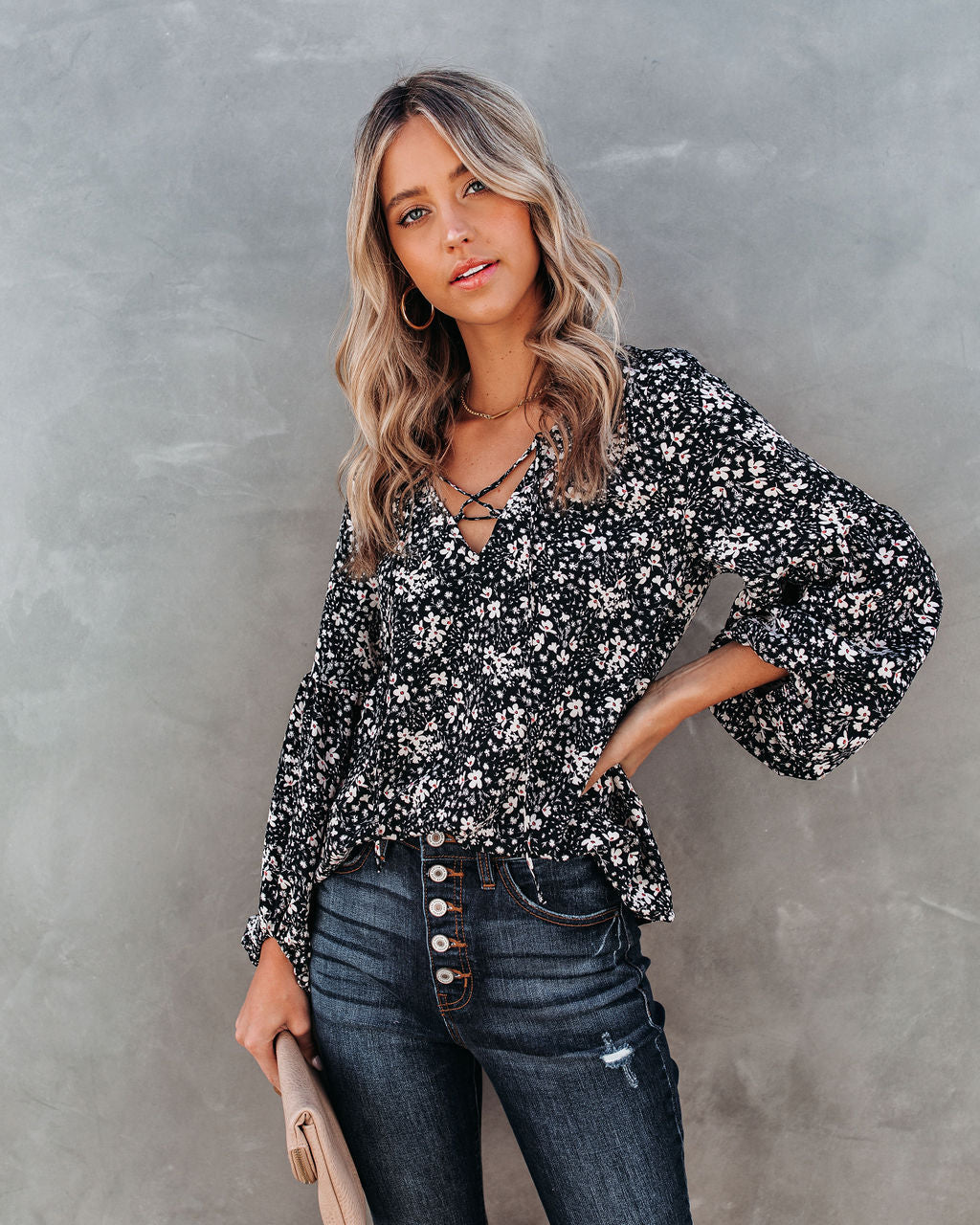 Only In Your Dreams Floral Lace Up Blouse