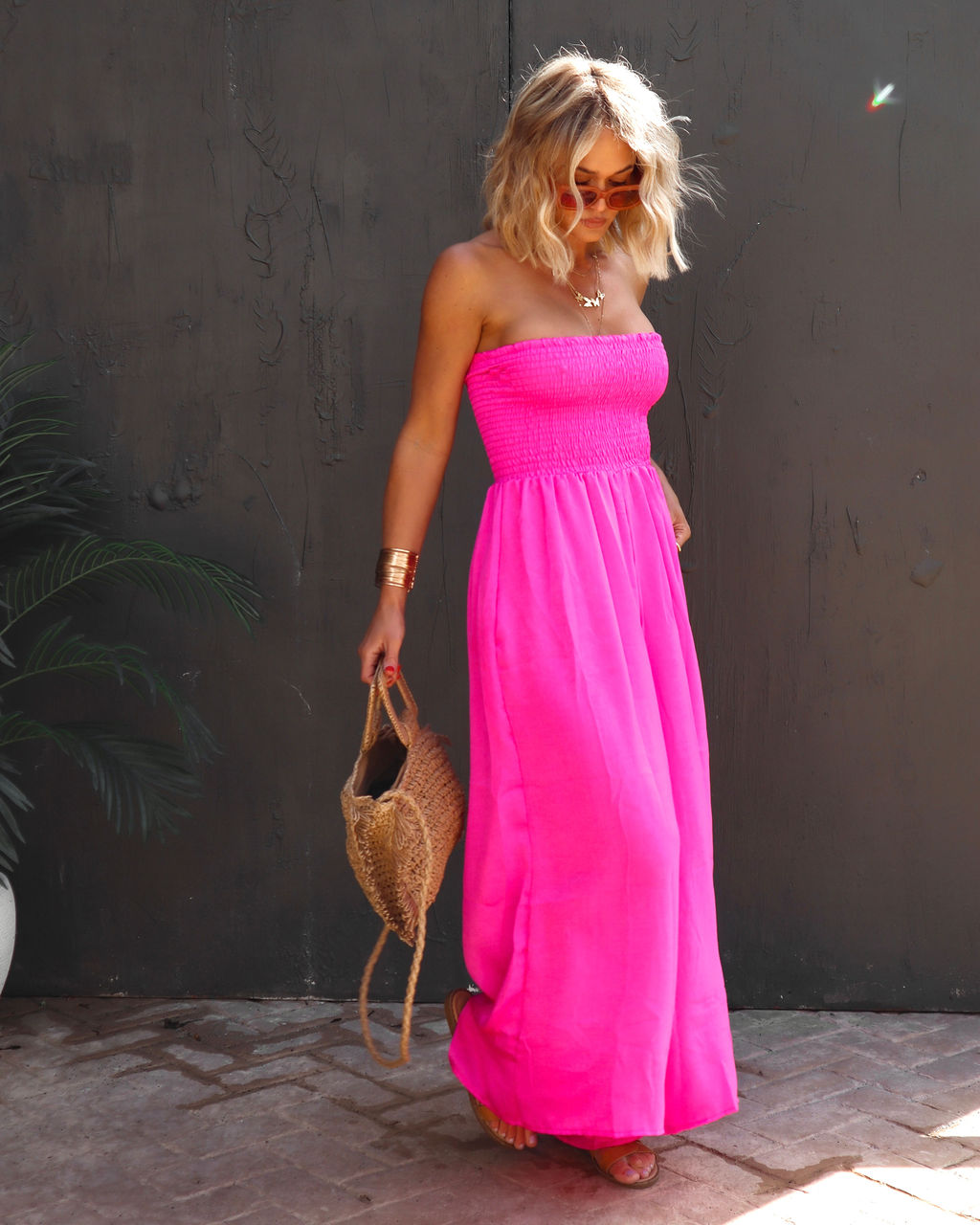 PREORDER - Wynwood Smocked Strapless Pocketed Jumpsuit - Neon Pink