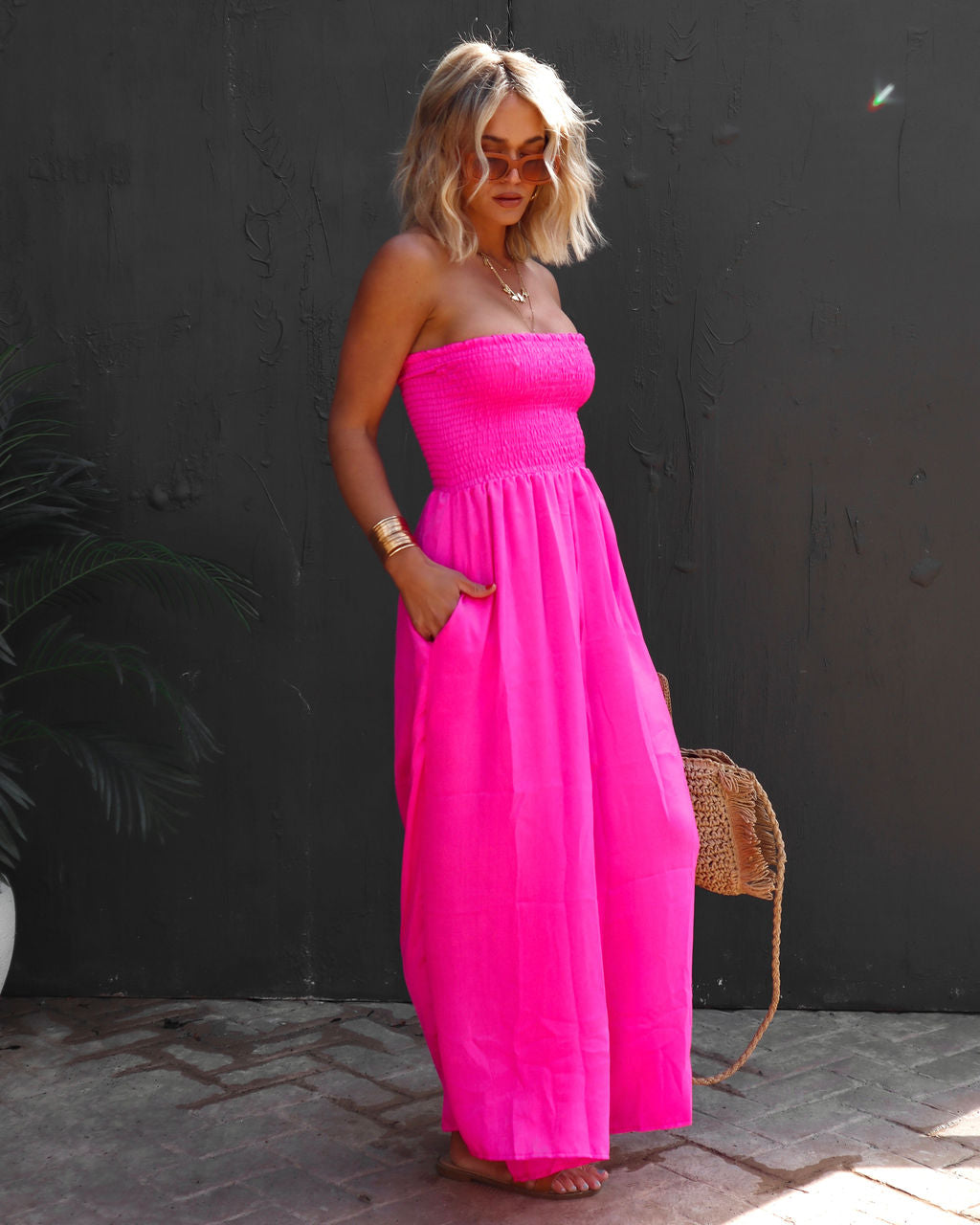 PREORDER - Wynwood Smocked Strapless Pocketed Jumpsuit - Neon Pink