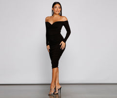 Penelope Off-The-Shoulder Ruched Midi Dress