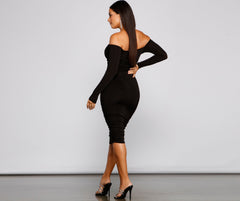 Penelope Off-The-Shoulder Ruched Midi Dress