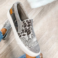 Pieced Raw Edge Animal Print Canvas Slip-On Flats