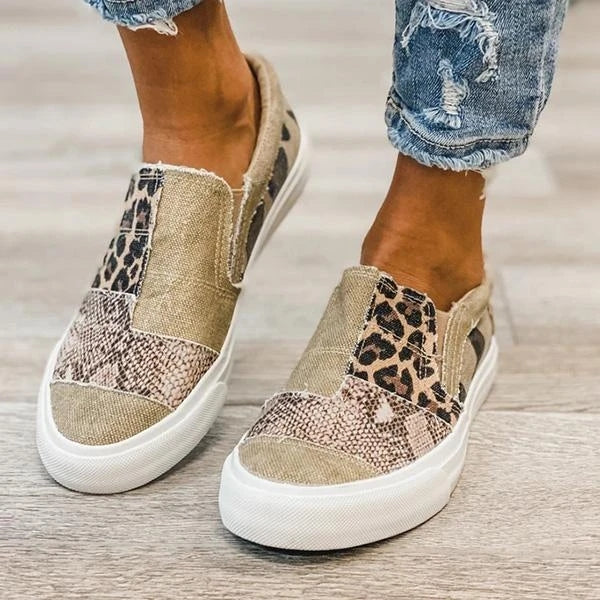 Pieced Raw Edge Animal Print Canvas Slip-On Flats