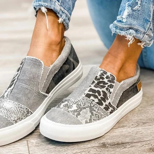 Pieced Raw Edge Animal Print Canvas Slip-On Flats