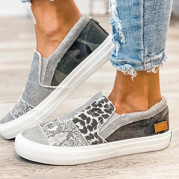 Pieced Raw Edge Animal Print Canvas Slip-On Flats