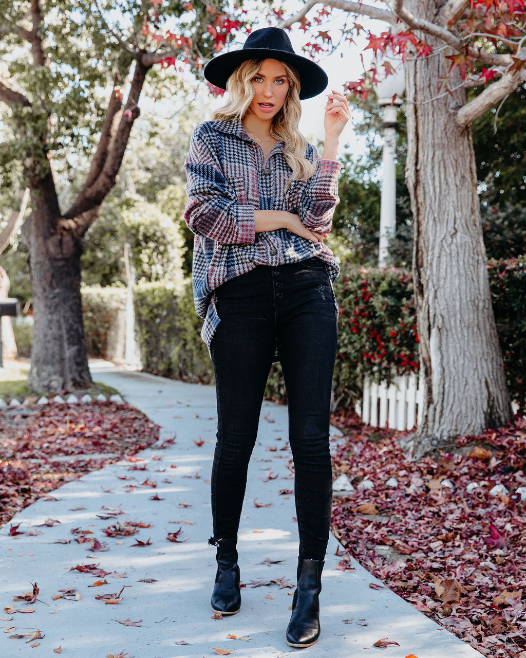 Pima Relaxed Houndstooth Button Down Top - Burgundy