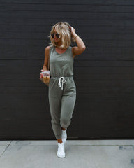 Placerville Pocketed Drawstring Jumpsuit - Dusty Olive