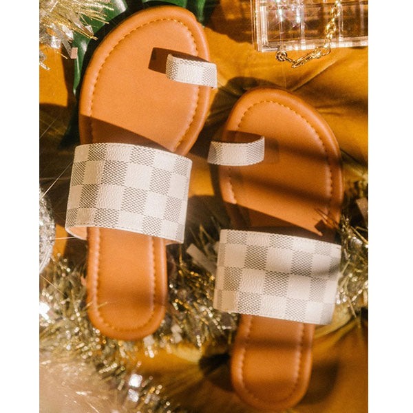 Plaid Toe Loop Slip-On Open Rounded Toe Slippers