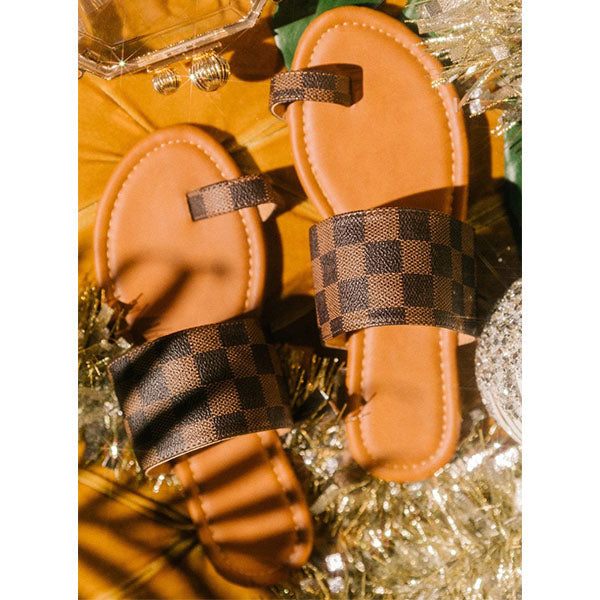 Plaid Toe Loop Slip-On Open Rounded Toe Slippers