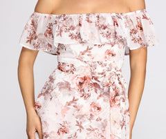 Playful Petals Floral Chiffon Off Shoulder Mini Dress