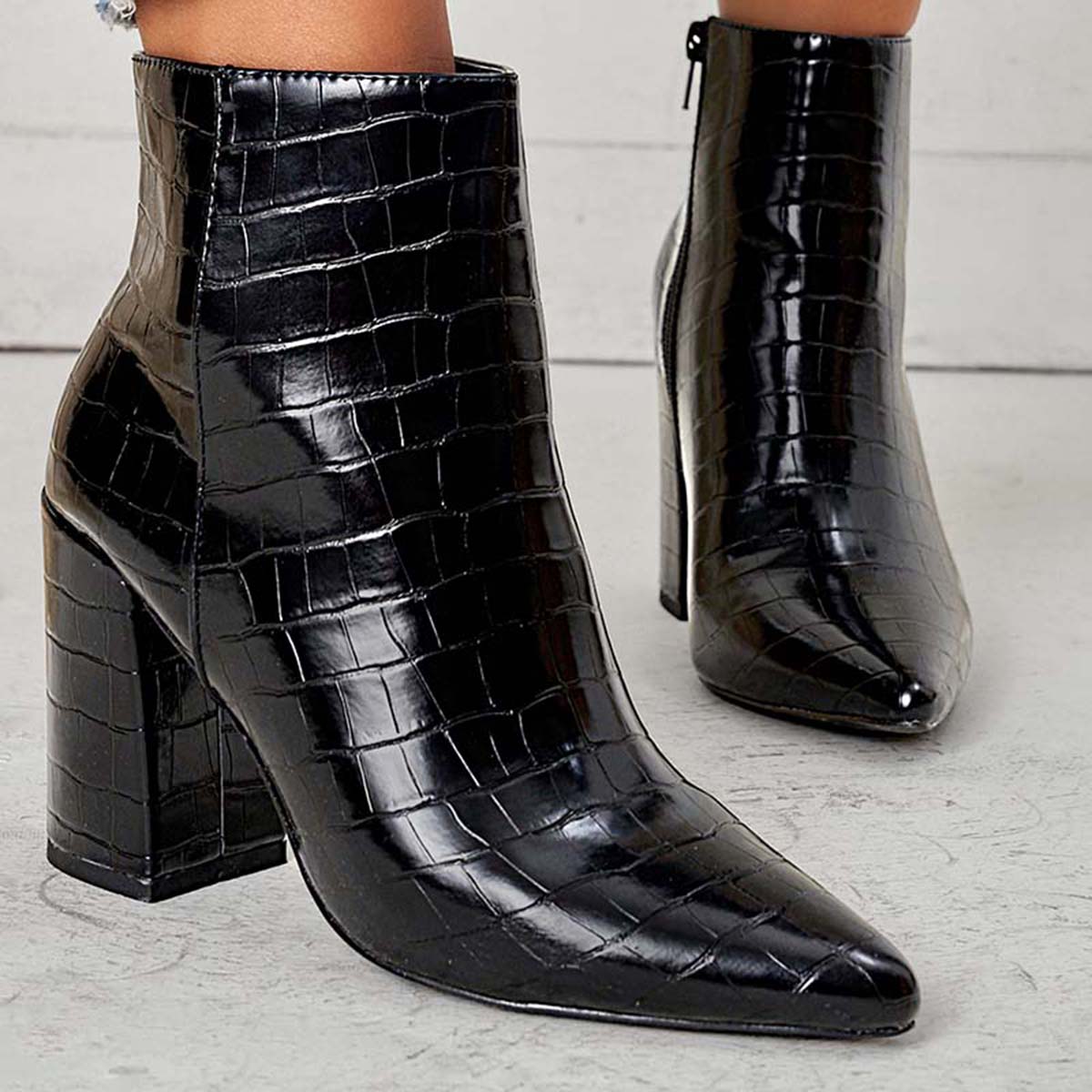 Pointed Toe Ankle Boots Side Zipper Chunky Heel Booties