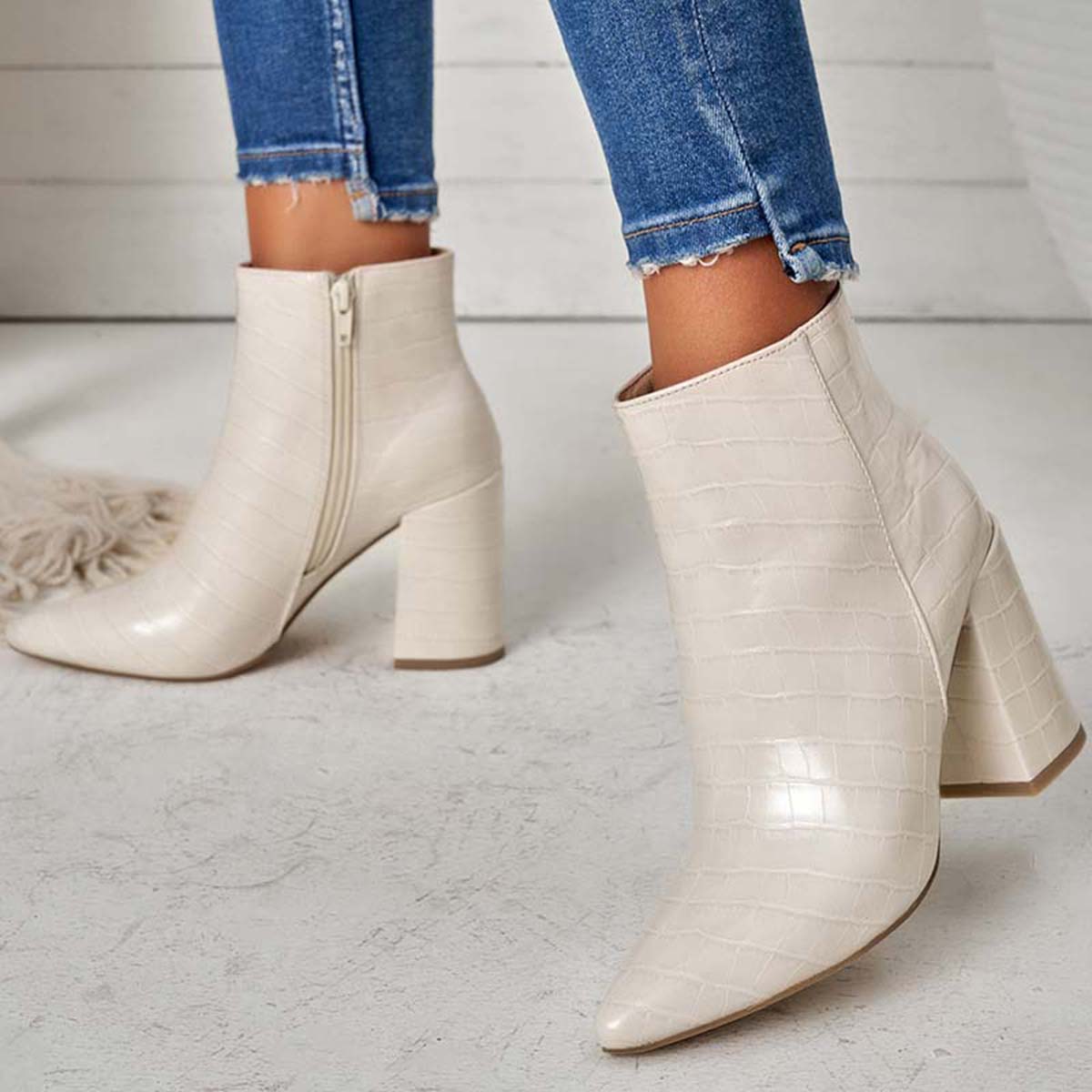 Pointed Toe Ankle Boots Side Zipper Chunky Heel Booties